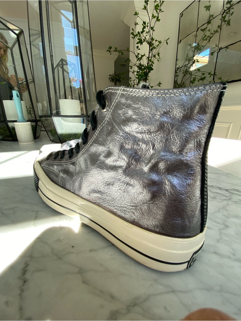 Converse Men’s Leather Silver Metallic High Top Sneakers with Black Accents - Picture 6 of 10